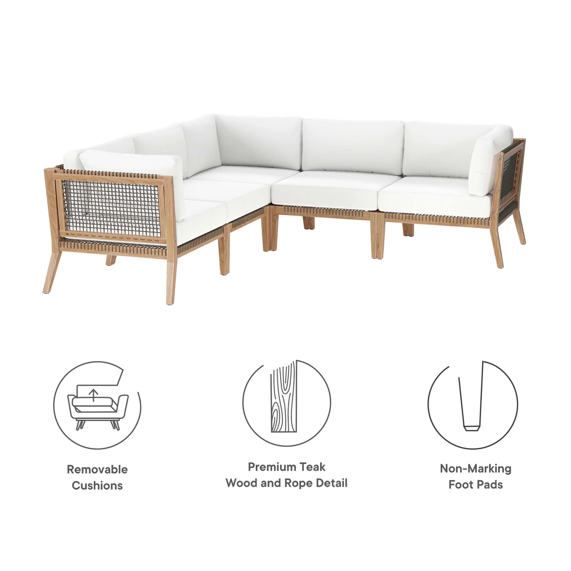 Clearwater Outdoor Teak Wood White Sectional Sofa