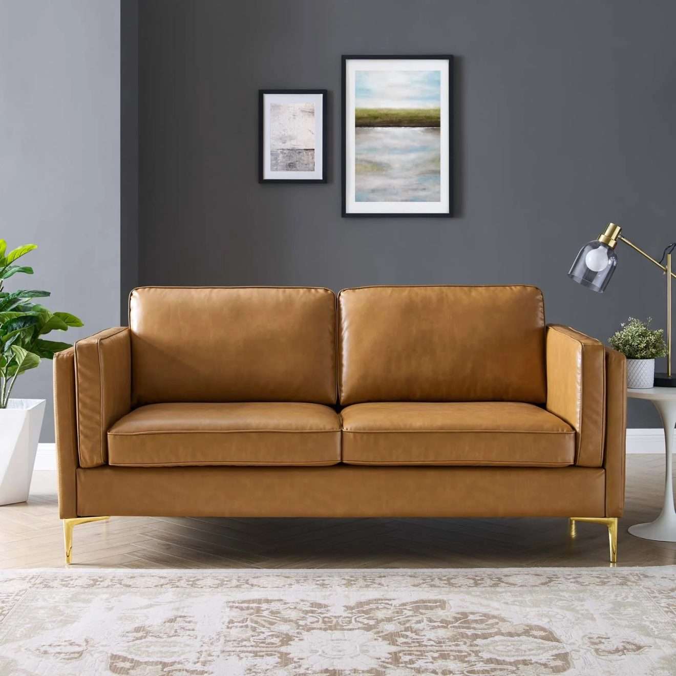 Cognac Brown Leather Sofa