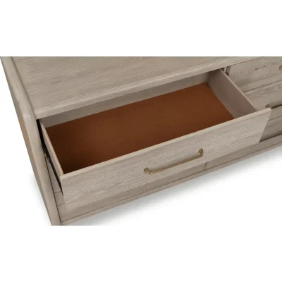 Gardenia Gray Oak Wood Dresser With Gold Handles