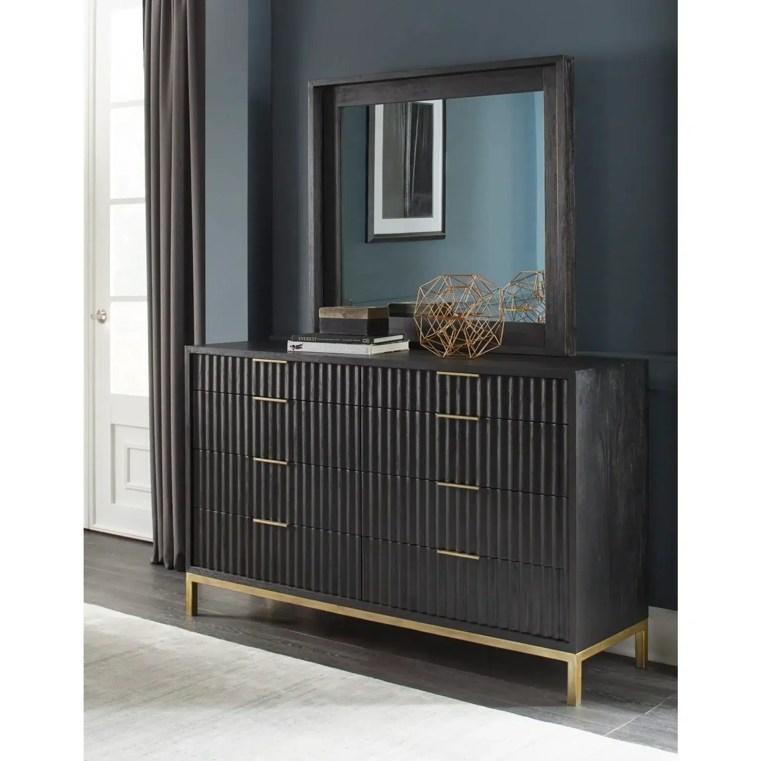 Kentfield Black Oak Wood Dresser Brass Accents
