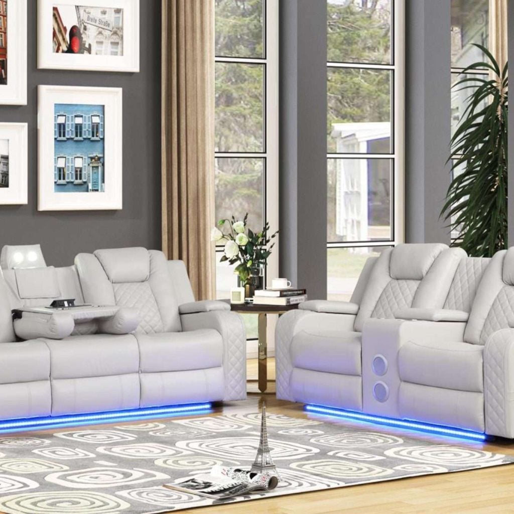 Benz Modern White Leather Reclining Sofa Set