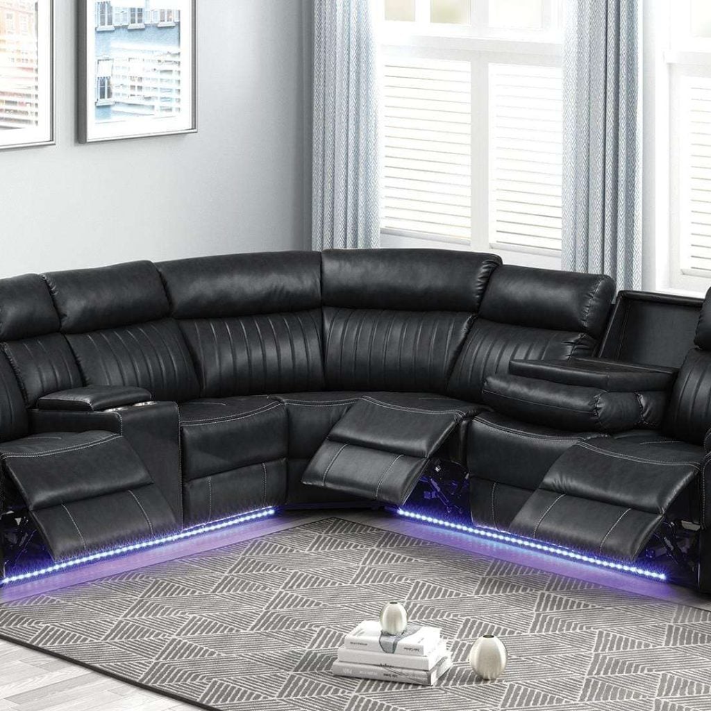 Modern Aviator Black Leather Reclining Sectional Sofa