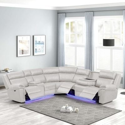 Modern Aviator White Leather Reclining Sectional Sofa