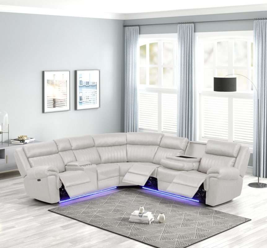 Modern Aviator White Leather Reclining Sectional Sofa
