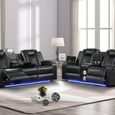 Benz Black Leather Reclining Sofa Set: The Ultimate in Modern Comfort Elevate Your Living Room with Our Power Recliner Black Leather Sofa The Benz Black Leather Reclining Sofa Set redefines relaxation with its ultra-cool, contemporary design. This modern black leather sofa combines cutting-edge technology with luxurious comfort, making it the perfect centerpiece for any modern living space. Key Features of Our Black Leather Reclining Sofa Set: Fabulous faux leather upholstery with pebbled effect One-touch power control with adjustable headrest Unique LED lights for ambient illumination Love seat with built-in console and Bluetooth speaker Sofa with central reading light and convenient cupholders High-quality, durable solid wood construction Advanced Technology for Ultimate Relaxation This modern black sofa with LED lights offers more than just comfort. The one-touch power control allows effortless adjustment of reclining positions, while the adjustable headrest ensures perfect neck and head support. Entertainment at Your Fingertips The love seat's built-in console and Bluetooth speaker bring entertainment to your fingertips. Enjoy your favorite music or keep your essentials close at hand while you relax. Thoughtful Design for Modern Living The Benz set isn't just about comfort; it's designed for modern lifestyles. The black leather sofa with power headrest features a central reading light for late-night reading without disturbing others, while convenient cupholders keep your drinks within reach. Ambient Lighting for the Perfect Mood Create the perfect atmosphere with unique LED lights located at the bottom of each piece, adding a touch of modernity and elegance to your space. Durable Construction for Lasting Enjoyment Crafted with solid wood material, this modern sofa with phone charger ensures durability and longevity. Its high-quality construction guarantees years of comfort and style. Experience the perfect blend of technology and comfort with the Benz Black Leather Reclining Sofa Set. Its striking design and advanced features make it an ideal choice for those seeking a modern, luxurious living room experience. Looking for more options? Check out our selection of reclining sofa sets to find the perfect match for your home. Transform your living room into a haven of comfort and style with the Benz Black Leather Reclining Sofa Set. Embrace the future of relaxation with this exceptional power recliner black leather 2 pc sofa and loveseat