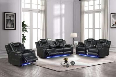 Benz Black Leather Reclining Sofa Set: The Ultimate in Modern Comfort Elevate Your Living Room with Our Power Recliner Black Leather Sofa The Benz Black Leather Reclining Sofa Set redefines relaxation with its ultra-cool, contemporary design. This modern black leather sofa combines cutting-edge technology with luxurious comfort, making it the perfect centerpiece for any modern living space. Key Features of Our Black Leather Reclining Sofa Set: Fabulous faux leather upholstery with pebbled effect One-touch power control with adjustable headrest Unique LED lights for ambient illumination Love seat with built-in console and Bluetooth speaker Sofa with central reading light and convenient cupholders High-quality, durable solid wood construction Advanced Technology for Ultimate Relaxation This modern black sofa with LED lights offers more than just comfort. The one-touch power control allows effortless adjustment of reclining positions, while the adjustable headrest ensures perfect neck and head support. Entertainment at Your Fingertips The love seat's built-in console and Bluetooth speaker bring entertainment to your fingertips. Enjoy your favorite music or keep your essentials close at hand while you relax. Thoughtful Design for Modern Living The Benz set isn't just about comfort; it's designed for modern lifestyles. The black leather sofa with power headrest features a central reading light for late-night reading without disturbing others, while convenient cupholders keep your drinks within reach. Ambient Lighting for the Perfect Mood Create the perfect atmosphere with unique LED lights located at the bottom of each piece, adding a touch of modernity and elegance to your space. Durable Construction for Lasting Enjoyment Crafted with solid wood material, this modern sofa with phone charger ensures durability and longevity. Its high-quality construction guarantees years of comfort and style. Experience the perfect blend of technology and comfort with the Benz Black Leather Reclining Sofa Set. Its striking design and advanced features make it an ideal choice for those seeking a modern, luxurious living room experience. Looking for more options? Check out our selection of reclining sofa sets to find the perfect match for your home. Transform your living room into a haven of comfort and style with the Benz Black Leather Reclining Sofa Set. Embrace the future of relaxation with this exceptional power recliner black leather living room set
