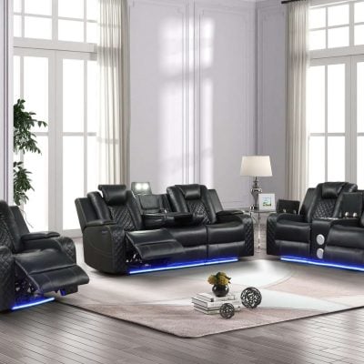 Benz Black Leather Reclining Sofa Set: The Ultimate in Modern Comfort Elevate Your Living Room with Our Power Recliner Black Leather Sofa The Benz Black Leather Reclining Sofa Set redefines relaxation with its ultra-cool, contemporary design. This modern black leather sofa combines cutting-edge technology with luxurious comfort, making it the perfect centerpiece for any modern living space. Key Features of Our Black Leather Reclining Sofa Set: Fabulous faux leather upholstery with pebbled effect One-touch power control with adjustable headrest Unique LED lights for ambient illumination Love seat with built-in console and Bluetooth speaker Sofa with central reading light and convenient cupholders High-quality, durable solid wood construction Advanced Technology for Ultimate Relaxation This modern black sofa with LED lights offers more than just comfort. The one-touch power control allows effortless adjustment of reclining positions, while the adjustable headrest ensures perfect neck and head support. Entertainment at Your Fingertips The love seat's built-in console and Bluetooth speaker bring entertainment to your fingertips. Enjoy your favorite music or keep your essentials close at hand while you relax. Thoughtful Design for Modern Living The Benz set isn't just about comfort; it's designed for modern lifestyles. The black leather sofa with power headrest features a central reading light for late-night reading without disturbing others, while convenient cupholders keep your drinks within reach. Ambient Lighting for the Perfect Mood Create the perfect atmosphere with unique LED lights located at the bottom of each piece, adding a touch of modernity and elegance to your space. Durable Construction for Lasting Enjoyment Crafted with solid wood material, this modern sofa with phone charger ensures durability and longevity. Its high-quality construction guarantees years of comfort and style. Experience the perfect blend of technology and comfort with the Benz Black Leather Reclining Sofa Set. Its striking design and advanced features make it an ideal choice for those seeking a modern, luxurious living room experience. Looking for more options? Check out our selection of reclining sofa sets to find the perfect match for your home. Transform your living room into a haven of comfort and style with the Benz Black Leather Reclining Sofa Set. Embrace the future of relaxation with this exceptional power recliner black leather living room set