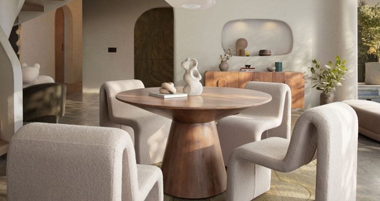 Boucle Fabric chairs with solid wood table