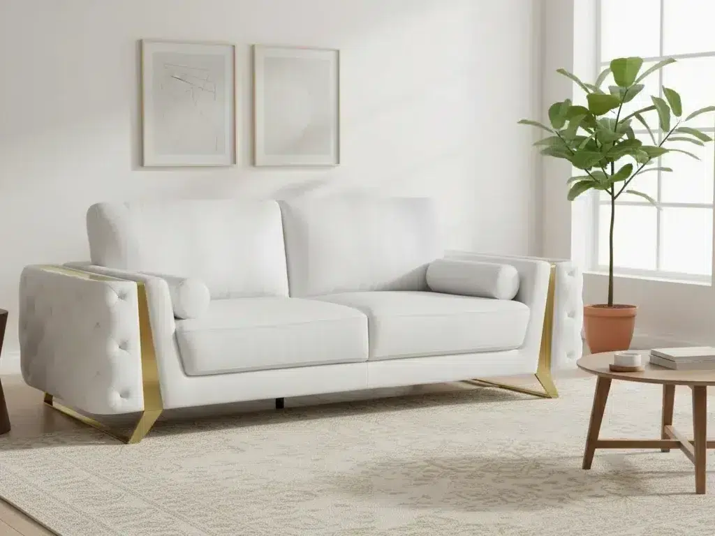 Divanitaly Salento White Italian Leather & Gold Sofa