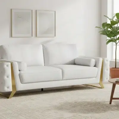 Divanitaly Salento White Italian Leather & Gold Sofa