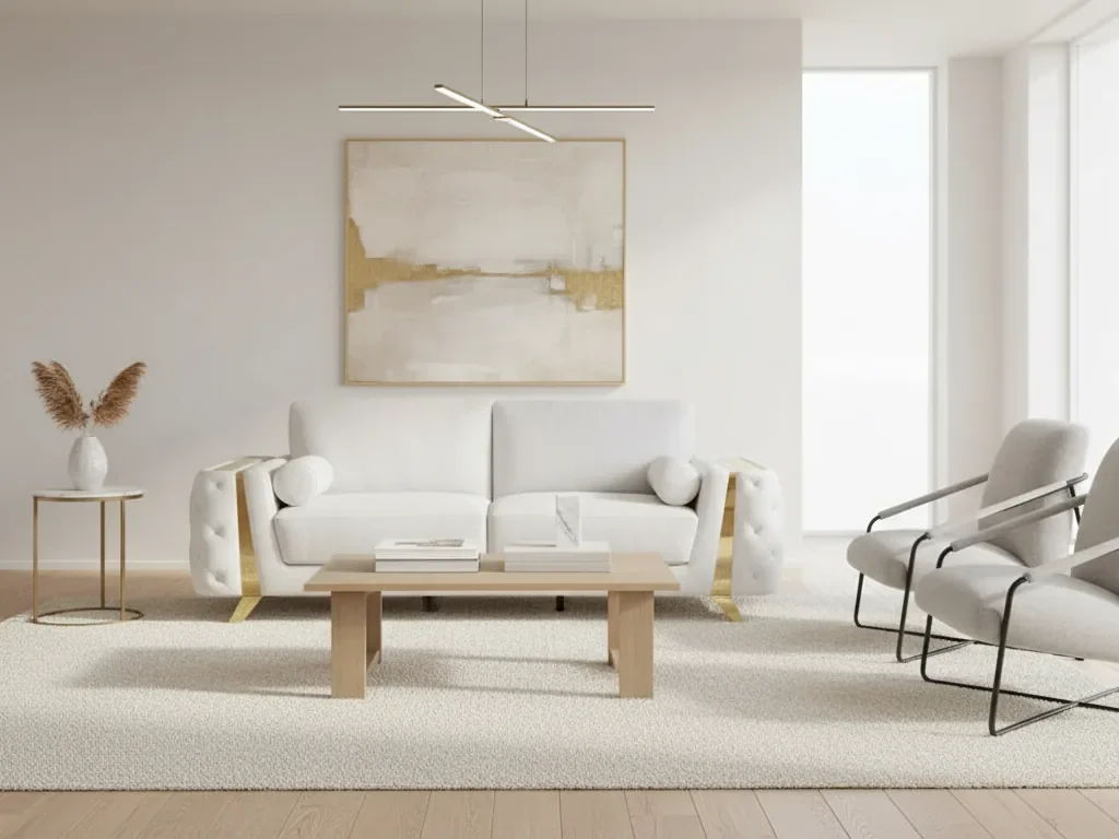 Divanitaly Salento White Italian Leather & Gold Sofa Set