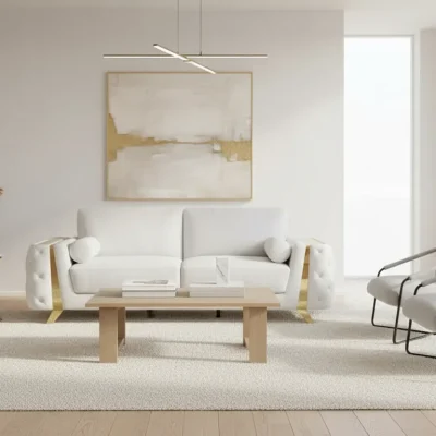 Divanitaly Salento White Italian Leather & Gold Sofa Set