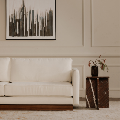 Vernon White Sofa With Walnut Wood Base