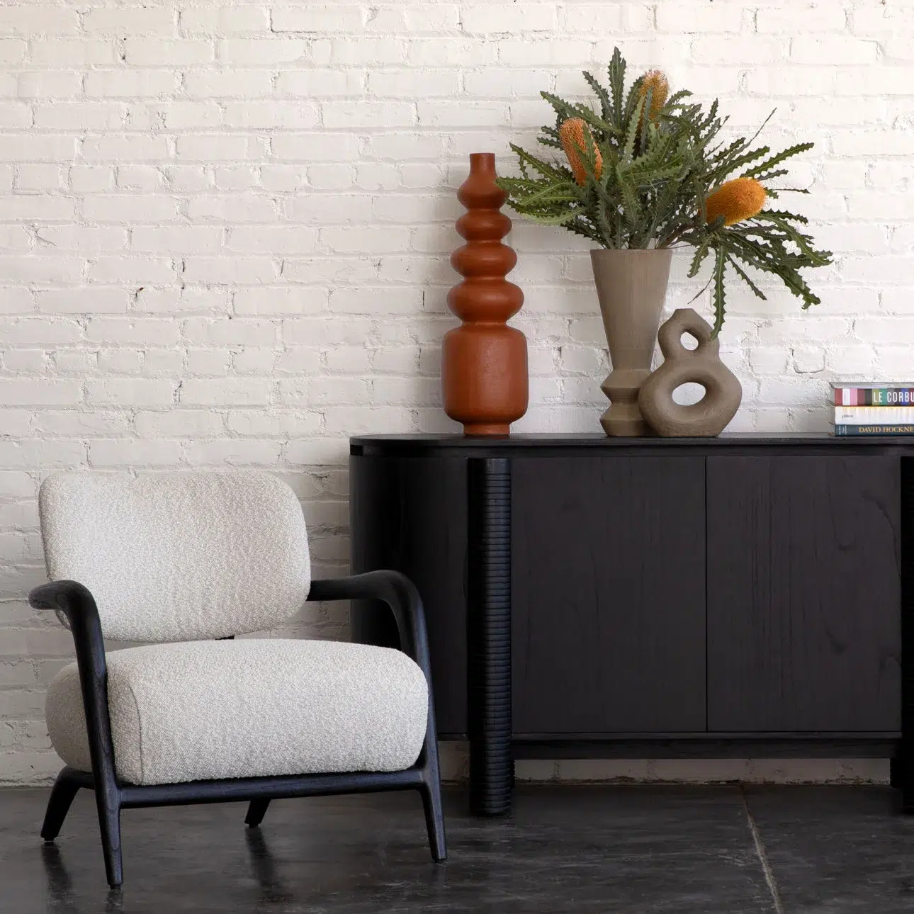 Arcona White Boucle & Black Mindi Wood Chair