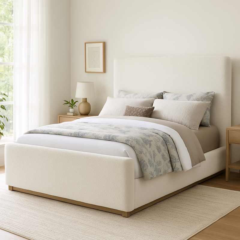 White boucle bed frame with solid wood base