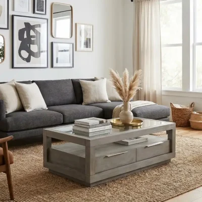 Oxford Light Gray Solid Acacia Wood Coffee Table With 2 Drawers