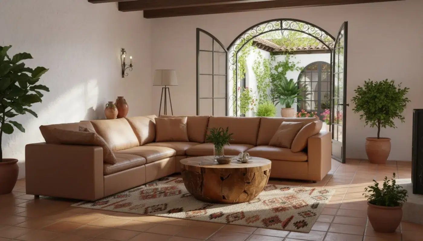 cognac leather sofa wood coffee table