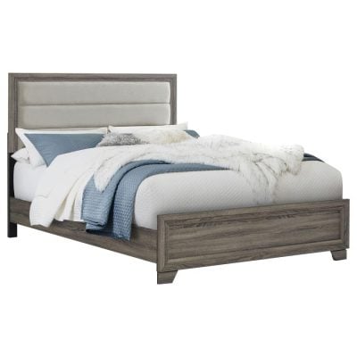 Brown Oak Bed With Tan Fabric Headboard