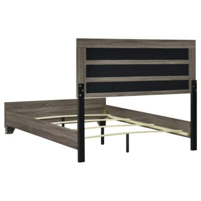 Brown Oak Bed With Tan Fabric Headboard