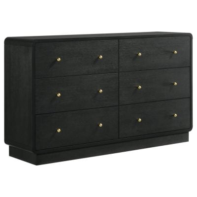 Cavelle Black 6 Drawer Dresser With Gold Knobs