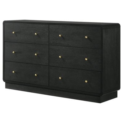 Cavelle Black 6 Drawer Dresser With Gold Knobs