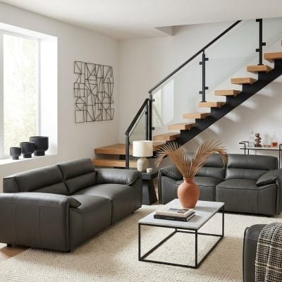 Buxton Modern Gray Leather Sofa Set