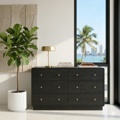 Cavelle Black 6 Drawer Dresser With Gold Knobs