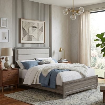 Brown Oak Bed With Tan Fabric Headboard