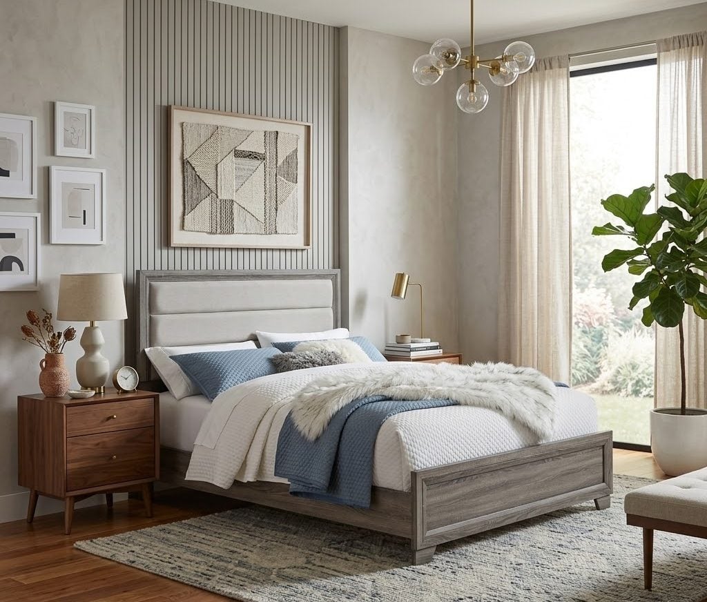 Brown Oak Bed With Tan Fabric Headboard