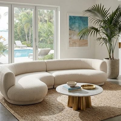 Lake Chaise Curved White Linen Sectional Sofa
