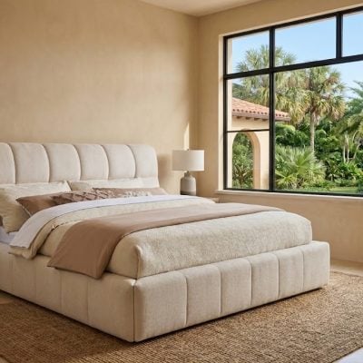 Nollet White soft fabric padded bed frame