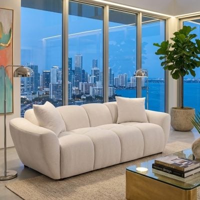 Destino White Curved Chenille Sofa Set