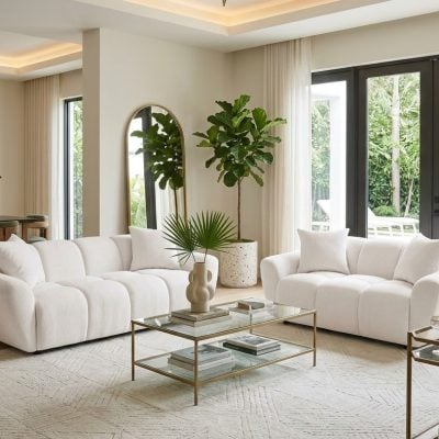 Destino White Curved Chenille Sofa Set