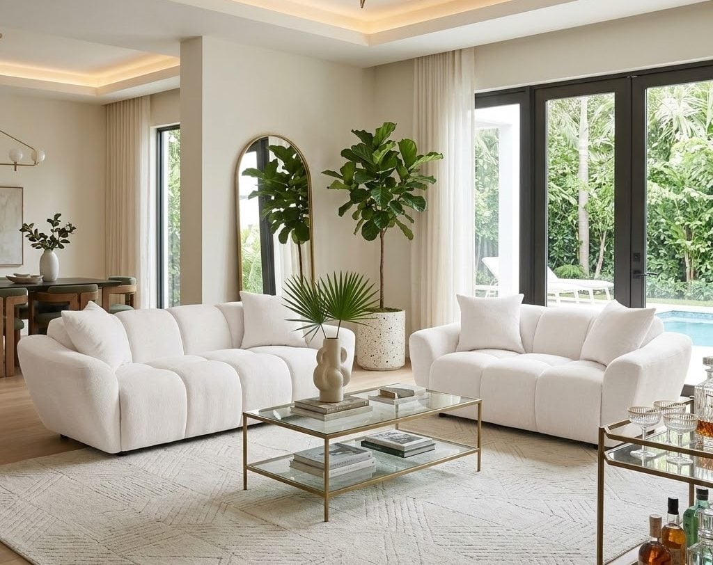 Destino White Curved Chenille Sofa Set