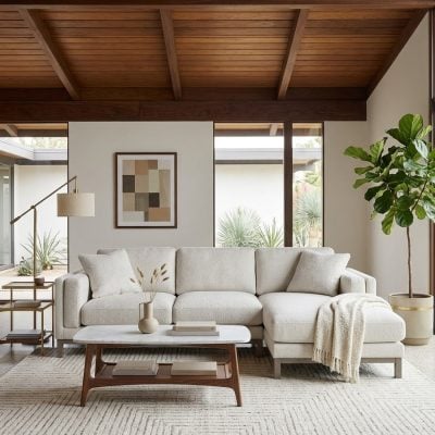 Geneva White Boucle & Light Wood Frame Sectional Sofa