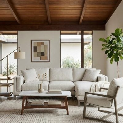Geneva White Boucle & Light Wood Frame Sectional Sofa and chair