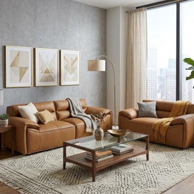 Buxton Modern Cognac Leather Sofa and loveseat