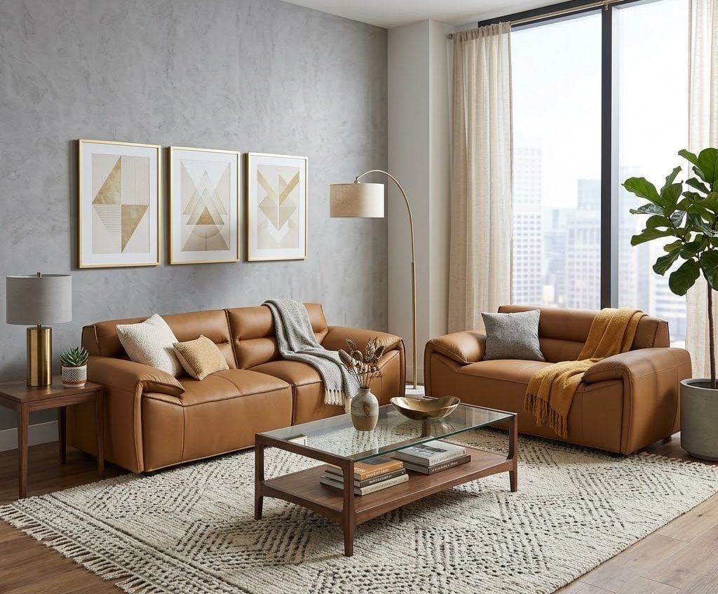 Buxton Modern Cognac Leather Sofa and loveseat