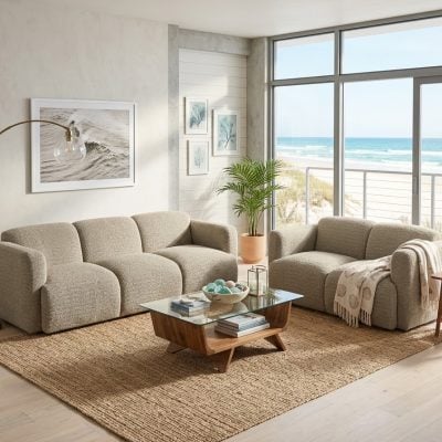 Dorset 2 piece light brown soft fabric sofa set with rounded edges and low-profile modern frame