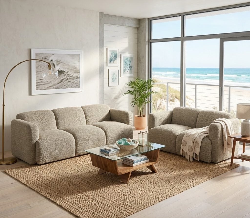 Dorset 2 piece light brown soft fabric sofa set with rounded edges and low-profile modern frame