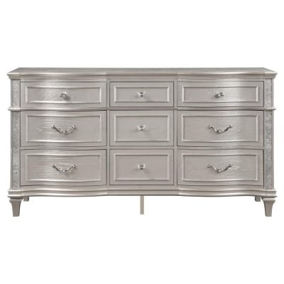 Evangeline 9 Drawer Silver Oak Wood Dresser