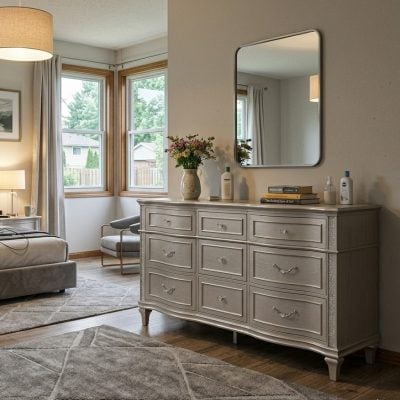 Evangeline 9 Drawer Silver Oak Wood Dresser