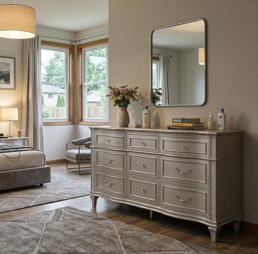 Evangeline 9 Drawer Silver Oak Wood Dresser