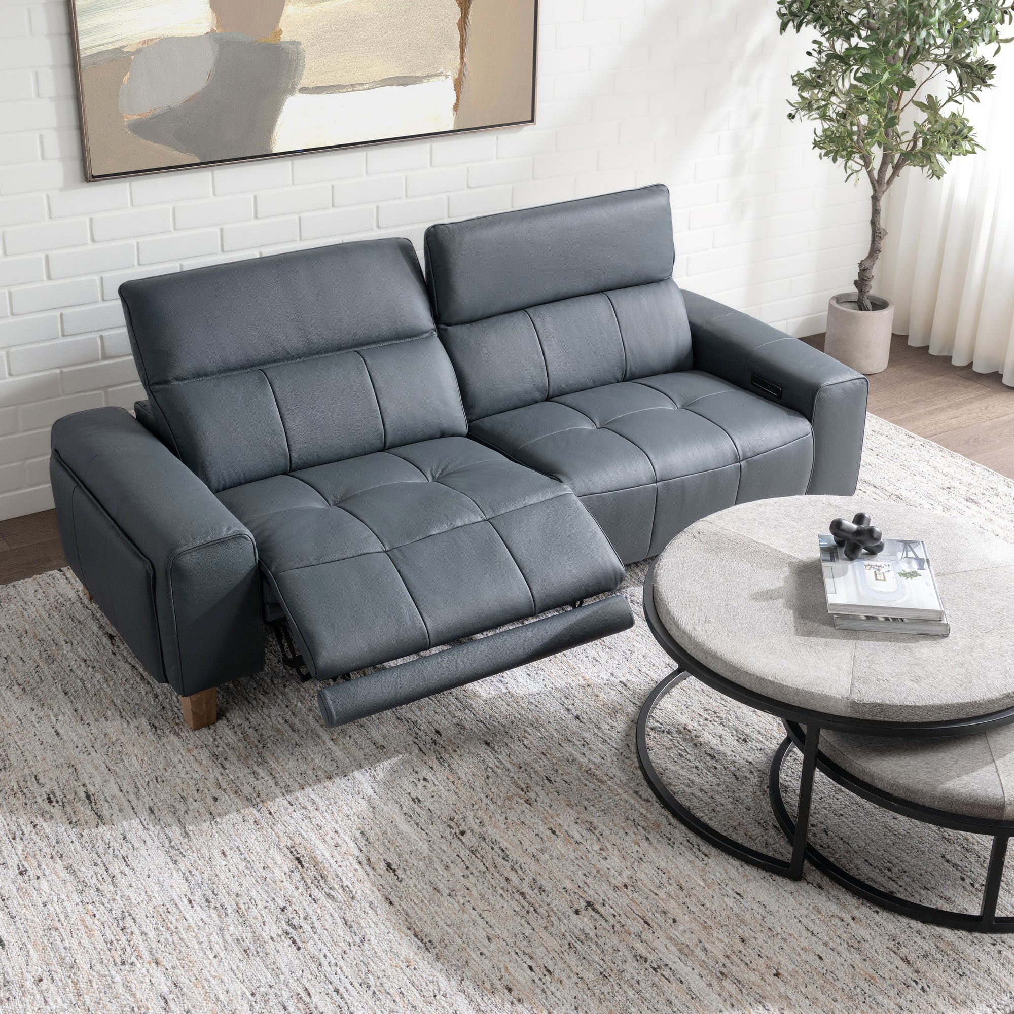 Alea Top Grain Blue Leather Dual Recliner Sofa - Image 9