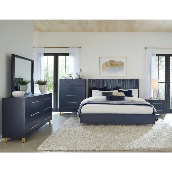 Argento Two Drawer USB Charging Nightstand in Navy Blue and Burnished Brass - Image 5