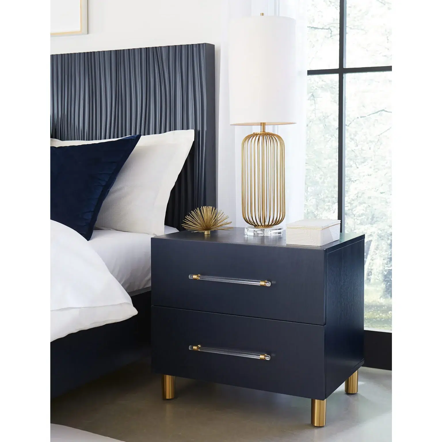 Argento Two Drawer USB Charging Nightstand in Navy Blue and Burnished Brass