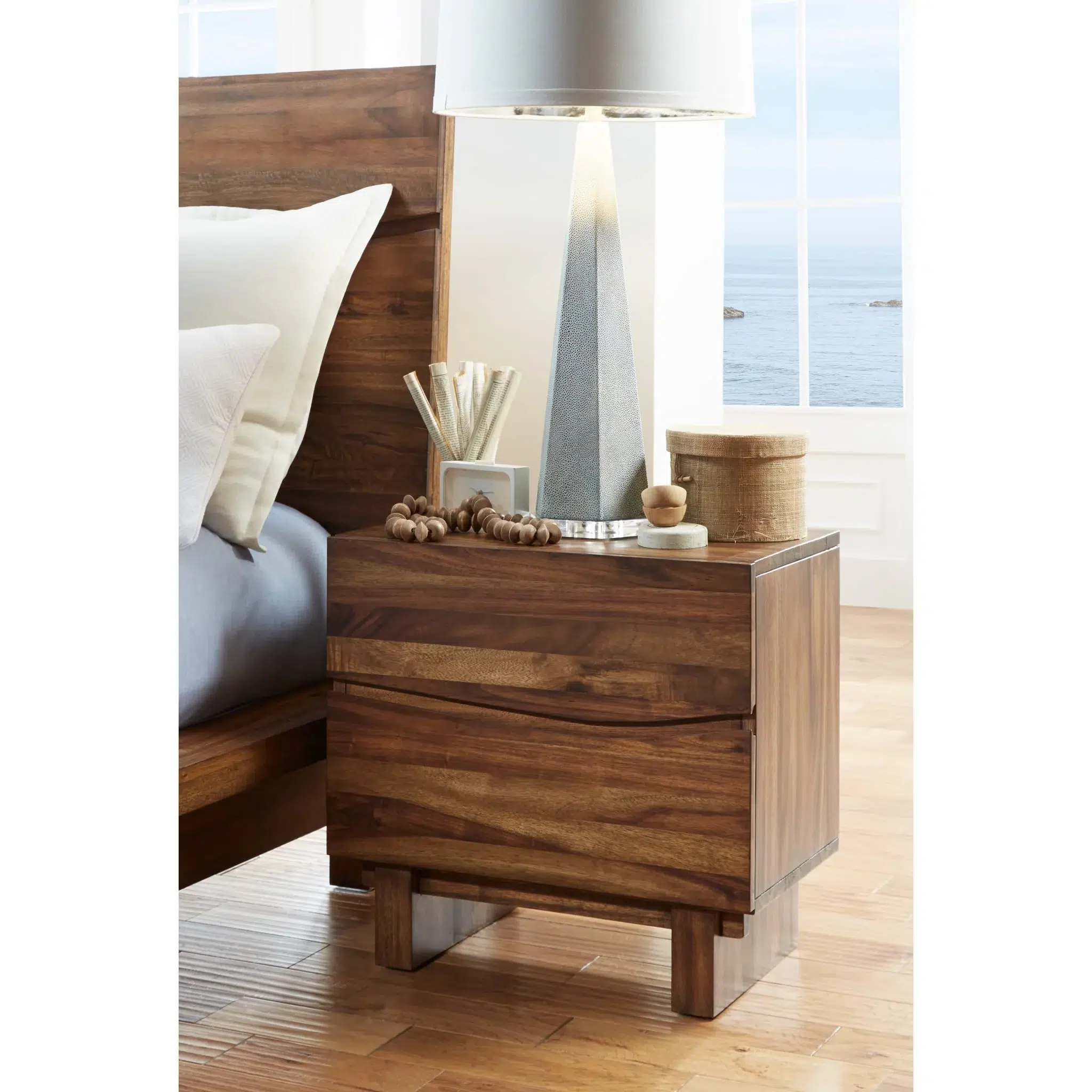 Ocean Natural Wood Nightstand Wave Pattern