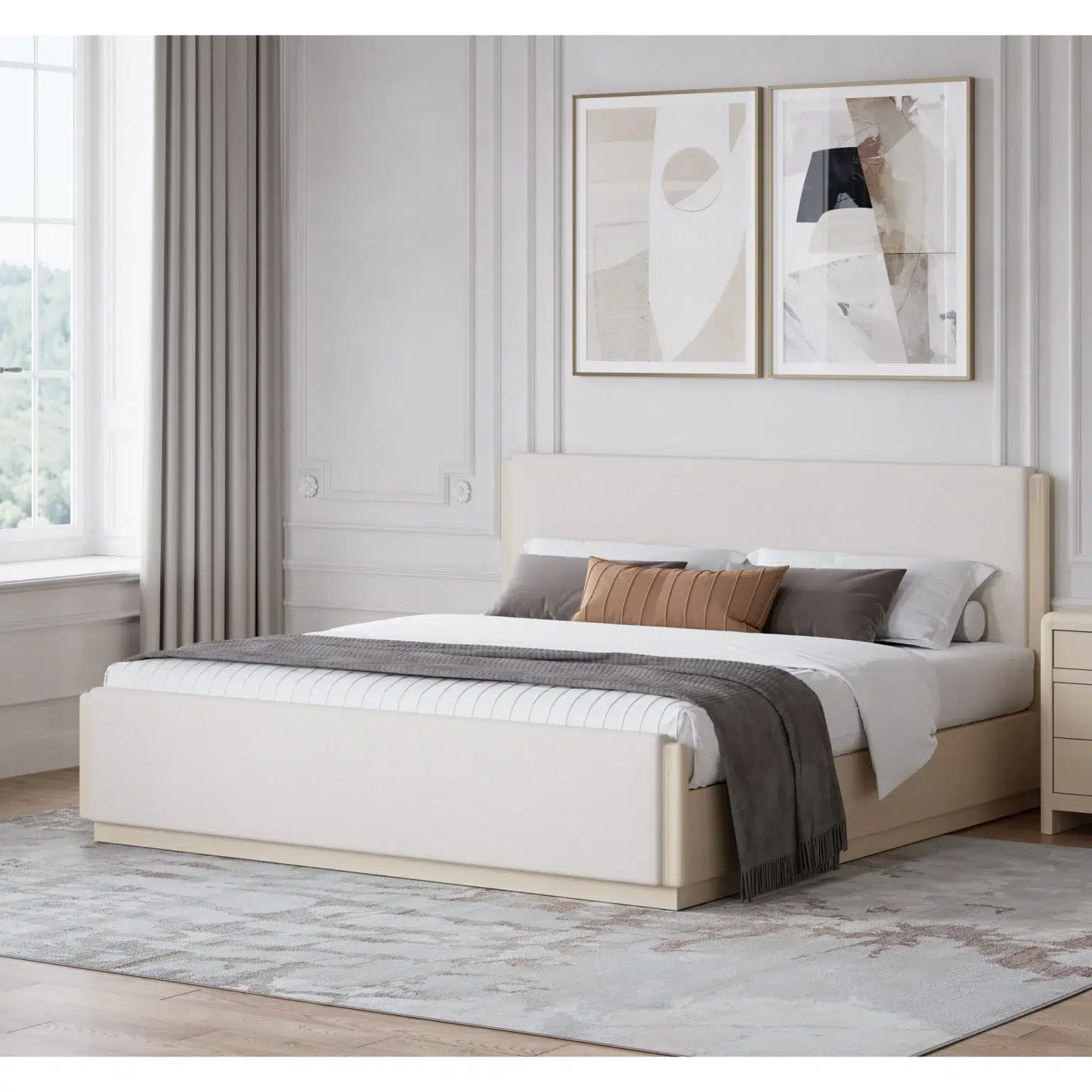 Wallen Sand White Wood & Fabric Bed