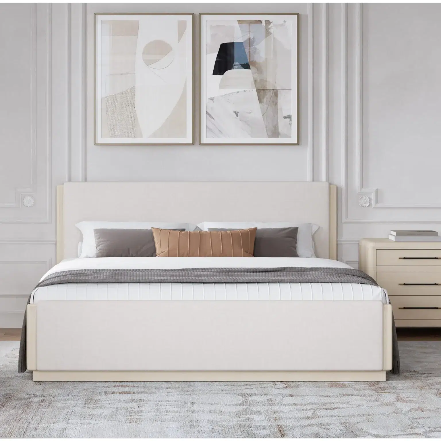 Wallen Sand White Wood & Fabric Bed