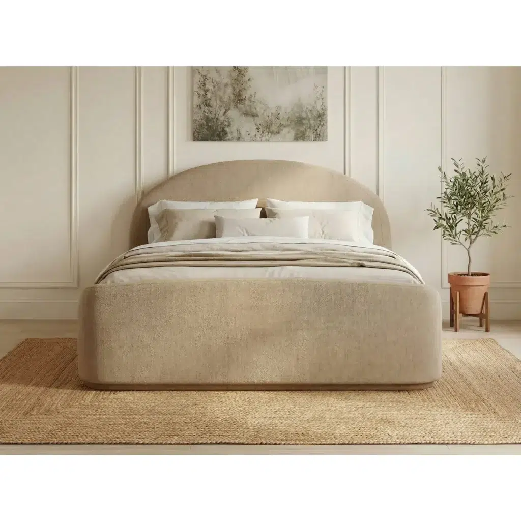 tan upholstered bed frame